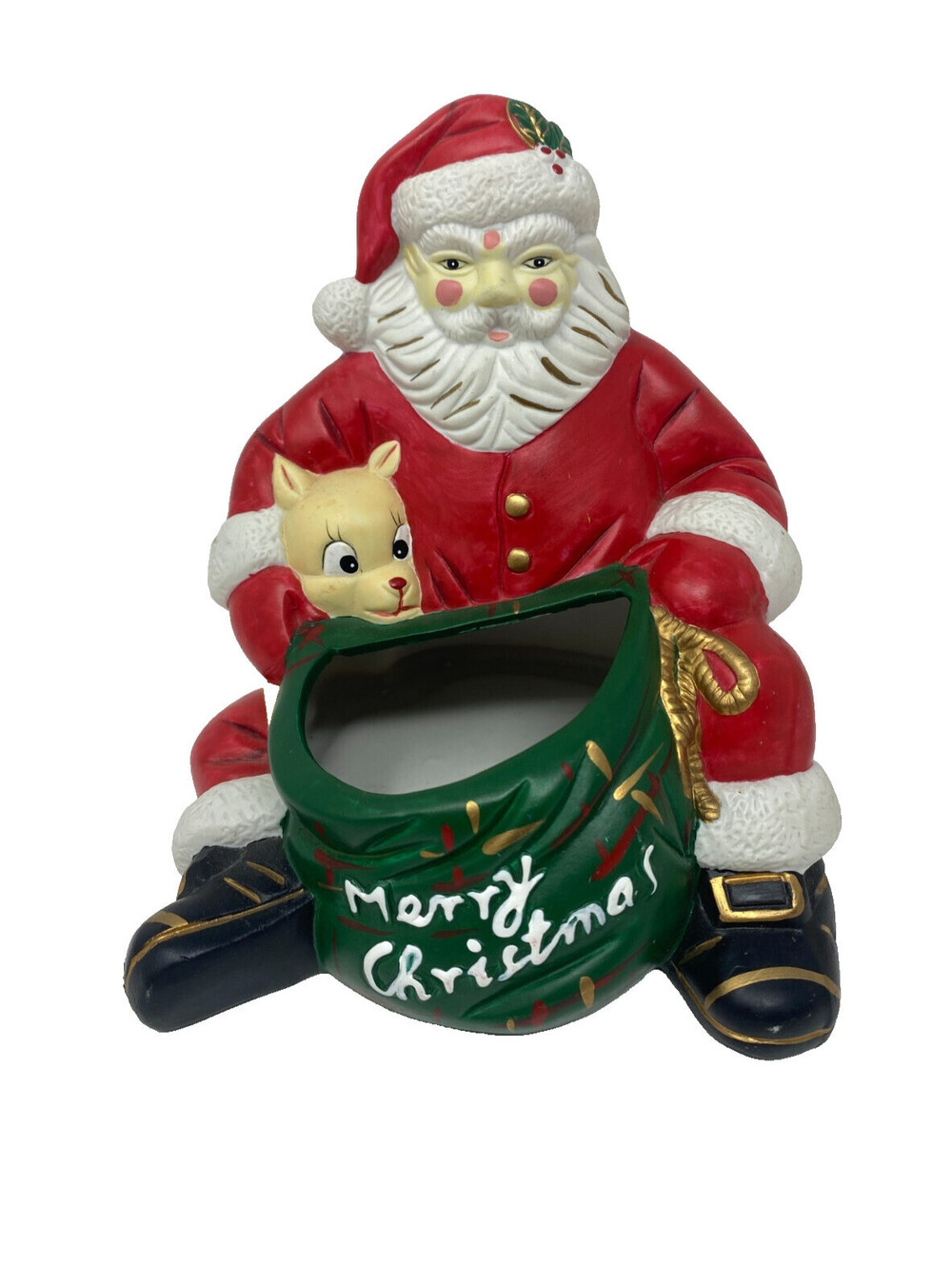 Vintage Ceramic Santa Claus Reindeer Merry Christmas Sack Planter Candy Dish